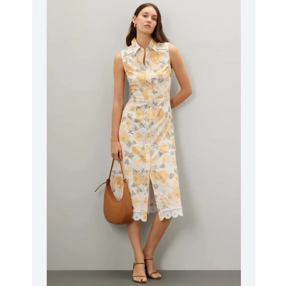 NEW Rachel Parcell Sleeveless Floral Midi Shirt Dress Ivory Yellow 10 - Picture 4 of 16